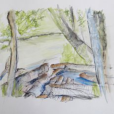 Flusslandschaft | Tusche, Filzstift, Buntstift, Aquarell | 20 x 30 cm