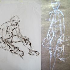 Sitzende und stehende Körperstudie | Sepia, weisse Kreide | je 70 x 50 cm