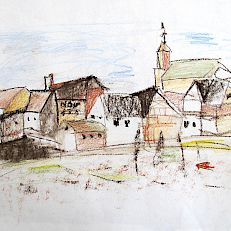 Dorfansicht | Sepia, Rötel, Buntstifte | 20 x 30 cm